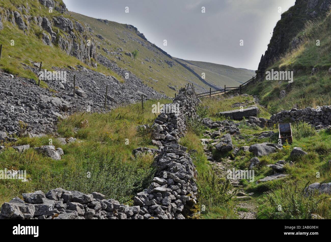 Yorkshire countryside at Malham.  Dry stone wall running along a ridge between two dales. Stock Photo