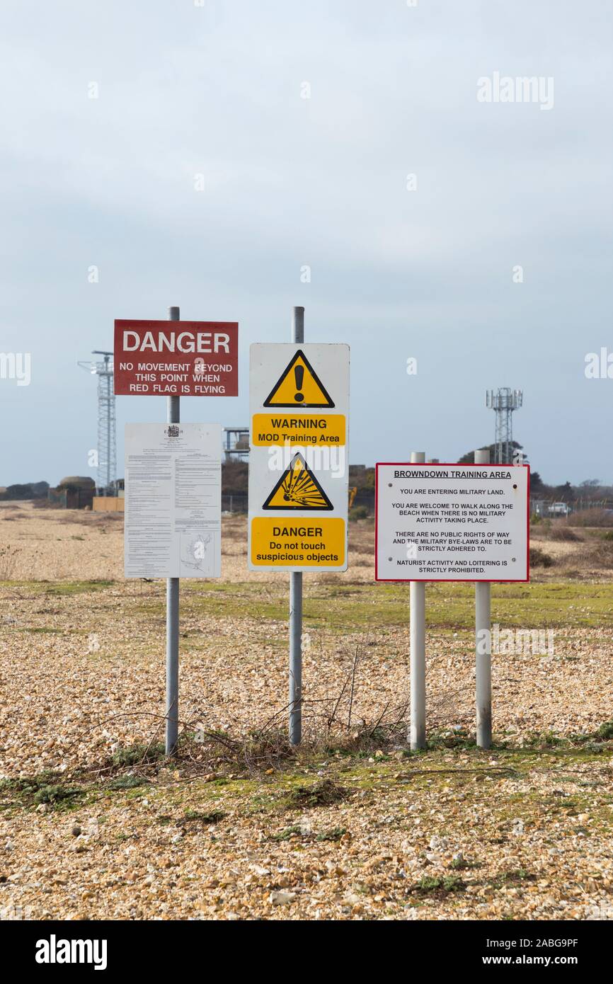 Danger and Keep Out ( MOD estate land area ) sign / signs & notices at Browndown military training camp coast / coastal base / site / zone. Lee on the Solent near Gosport & Portsmouth. UK (105) Stock Photo