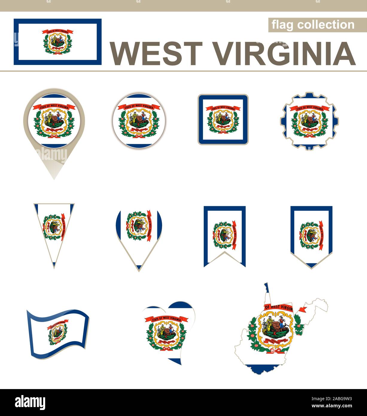 West Virginia Flag Collection, USA State, 12 versions Stock Vector