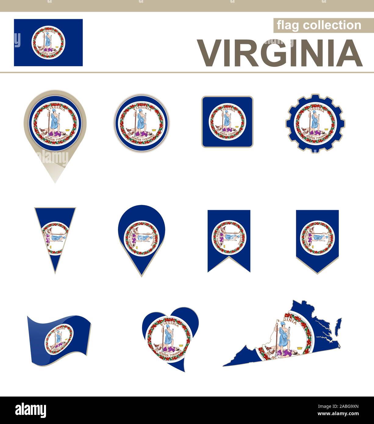 Virginia Flag Collection, USA State, 12 versions Stock Vector