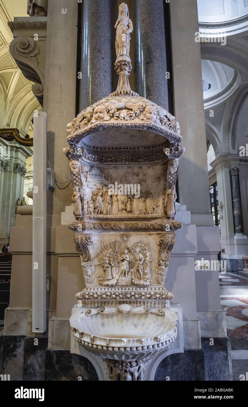 Holy water font in Metropolitan Cathedral of the Assumption of Virgin Mary in Palermo city of Southern Italy, capital of autonomous region of Sicily Stock Photo