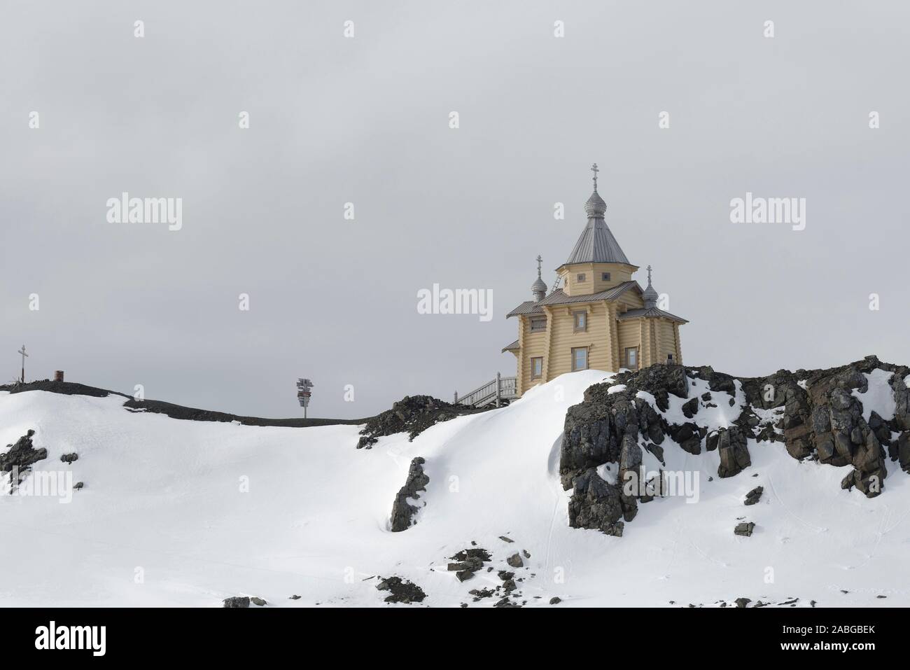 The Russian Eastern Orthodox Trinity church at Bellingshausen Station, King George Island, South Shetland Islands, Antarctica Stock Photo