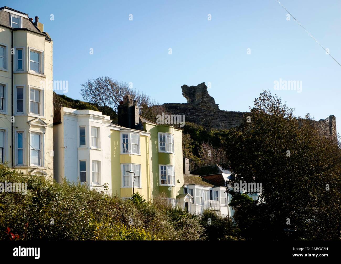 Hastings Castle sitting above the houses on Castle Hill Road Stock