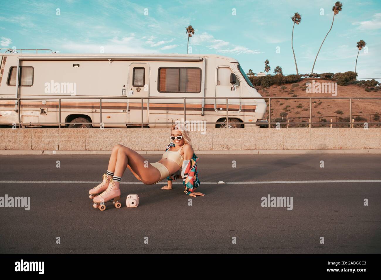 retro campervan with hippie californiagirl. california van lifestyle Stock  Photo