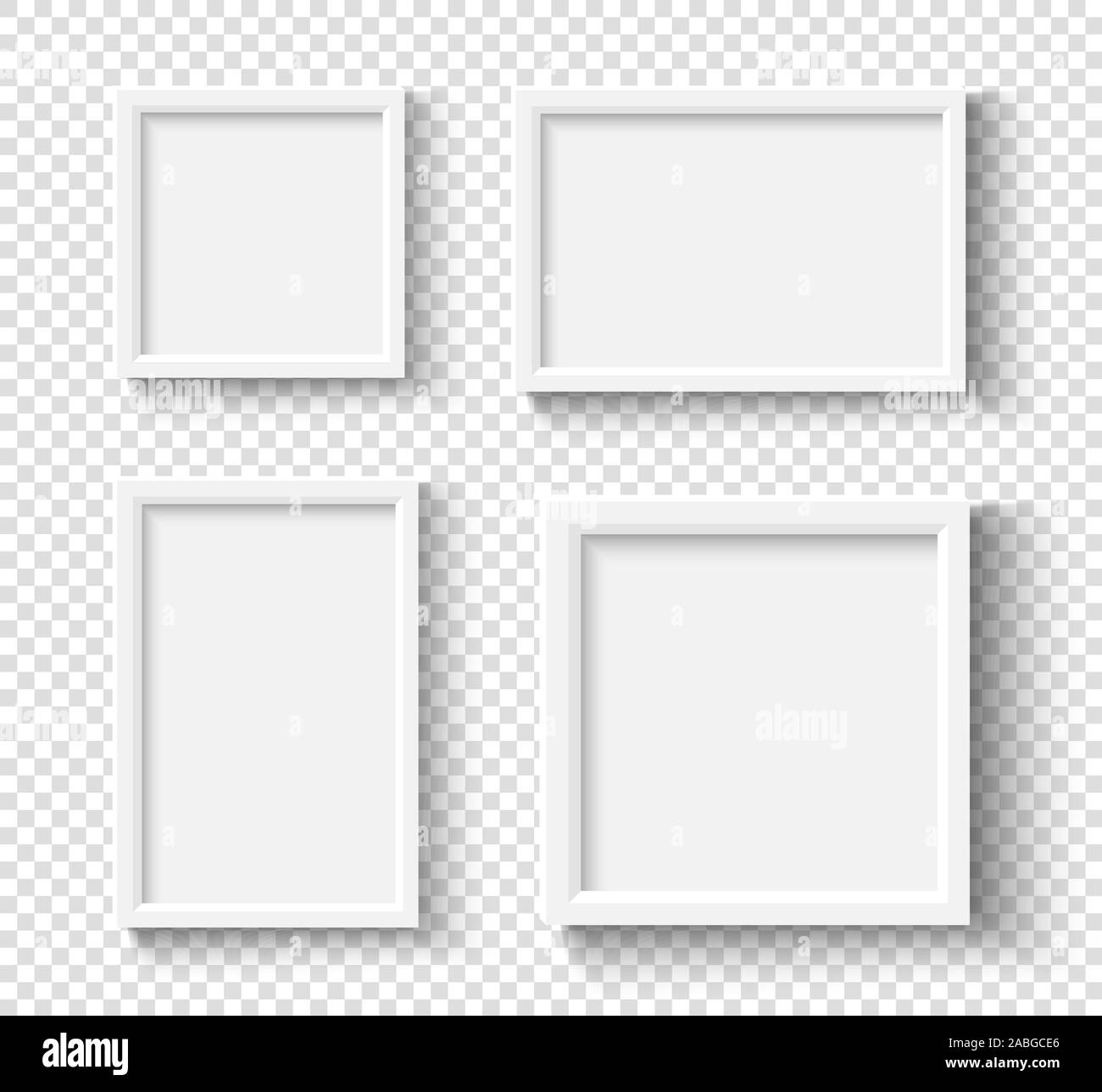 Empty white picture frames set. Square elegant plactic or wooden frame with soft shadow. Vector