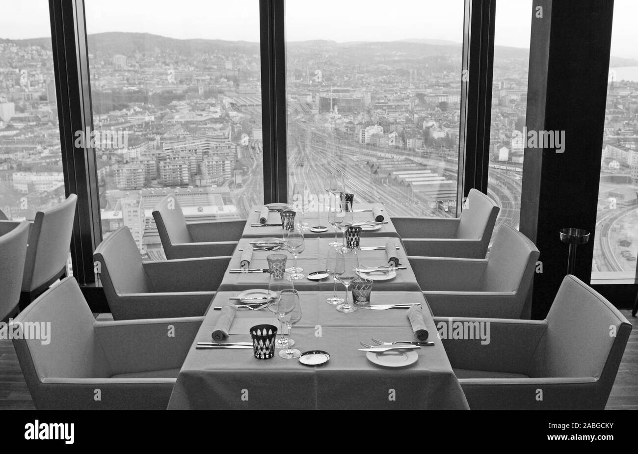 Switzerland: The restaurant Clouds on top of the Swiss Prime Tower in Zürich city  is 126 m above ground Stock Photo