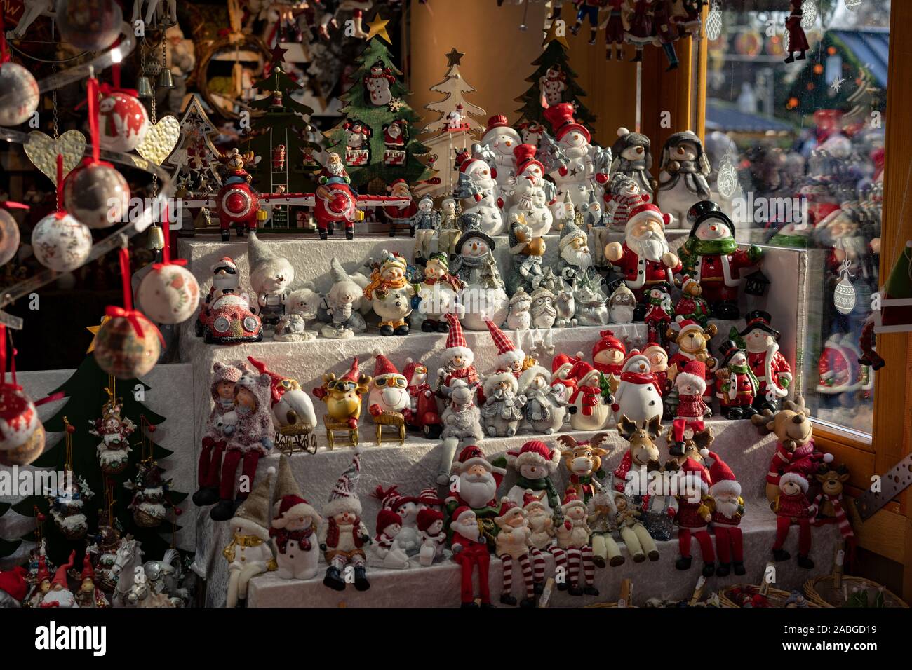 Christmas figure decoration kiosk stand on a winter market Stock Photo