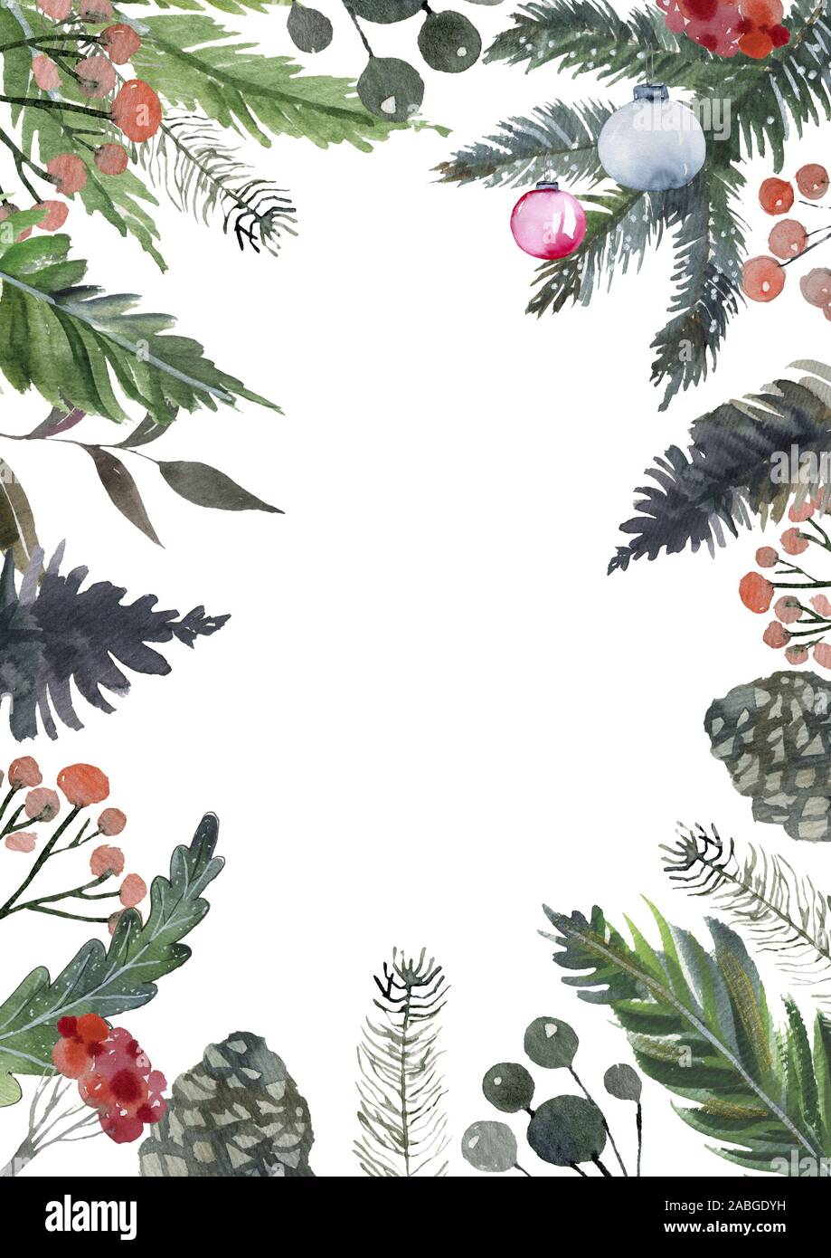 Christmas greeting card or invitation design. Vintage background with pine, spruce, cedar, cypress, fir, larch and juniper illustration. Stock Photo