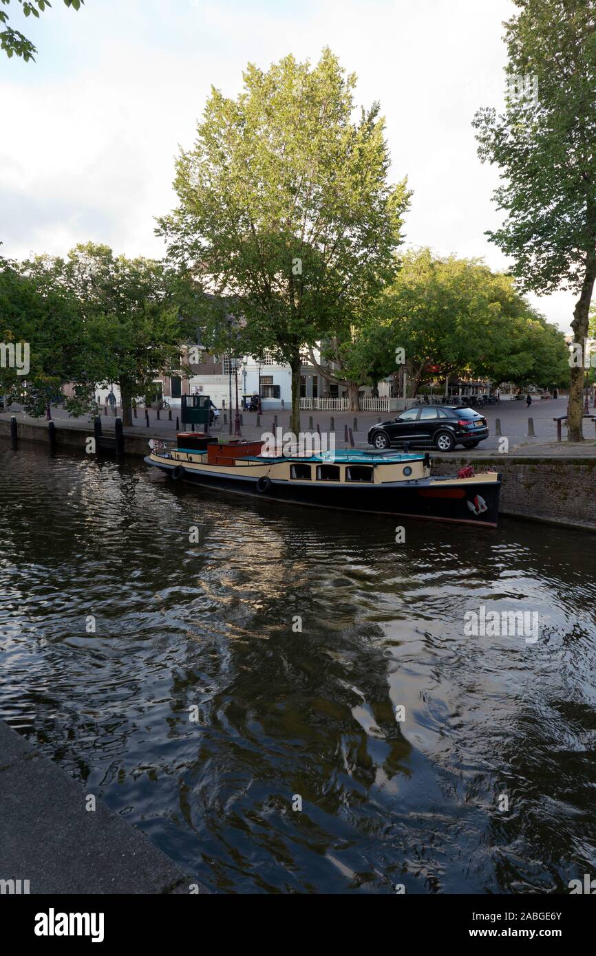 View of the Bolplaat, a 4.5ton historic vessel moored on the Reguliersgracht, near to Amstelveld, Amsterdam Stock Photo