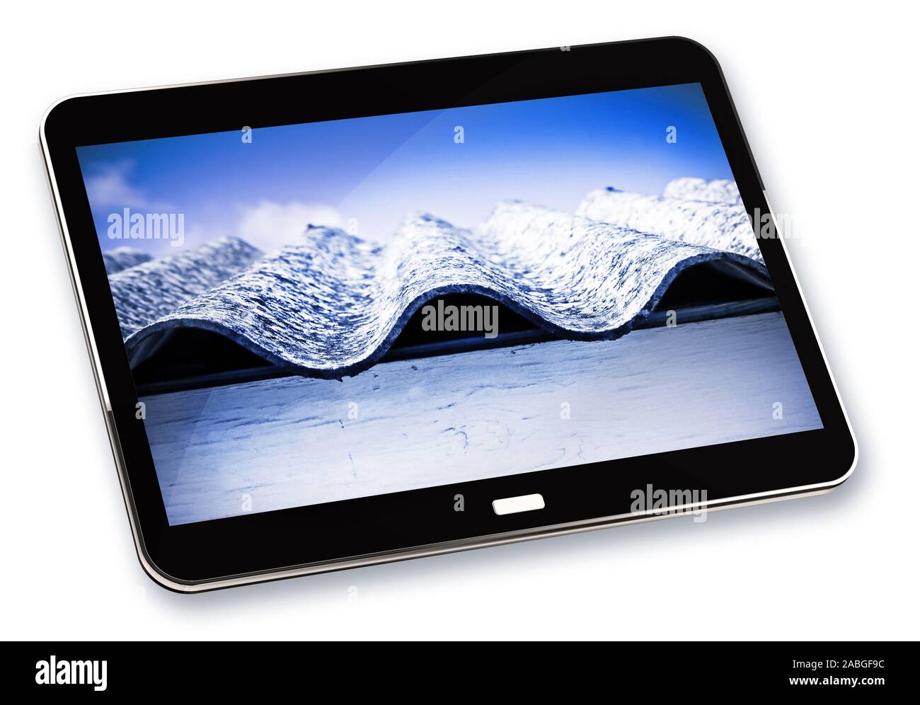 Asbestos roof: one of the most dangerous materials in the construction industry - Concept image with 3D render of a digital tablet on white background Stock Photo