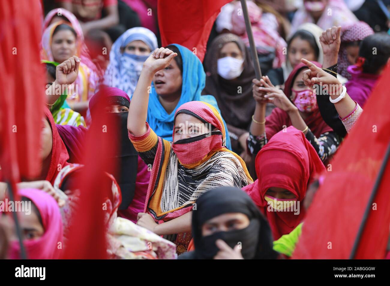 Dhaka, Bangladesh. 27th Nov, 2019. November 27, 2019, Dhaka, Bangladesh: Bangladeshi garments workers from Interco Design Limited shout slogan as they take part in a protest demanding trade union in their factory, in Dhaka, Bangladesh, November 27, 2019. Credit: ZUMA Press, Inc./Alamy Live News Stock Photo