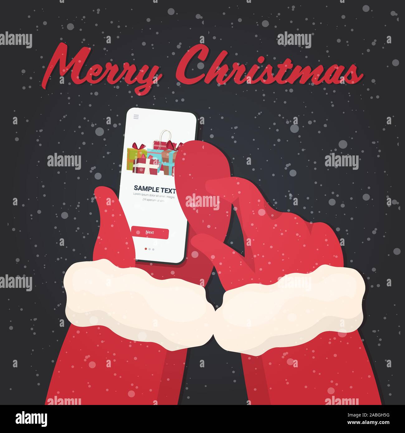 santa hands using mobile app gift present boxes on smartphone screen christmas new year holidays celebration concept greeting card vector illustration Stock Vector