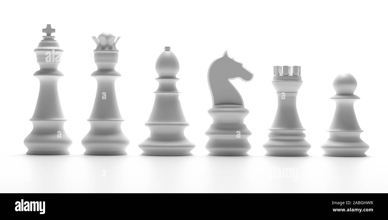 Chess set white color isolated against white background, Basic set pieces. 3d illustration Stock Photo