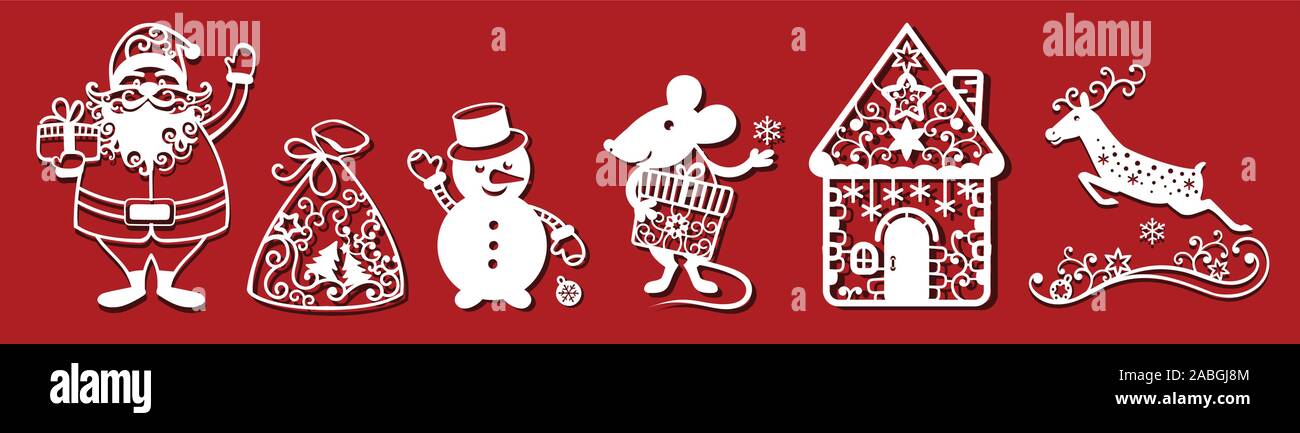 Christmas characters set for laser cutting. Santa Claus, Rat, Snowman, Deer and Ginger bead house for greetings. Stock Vector