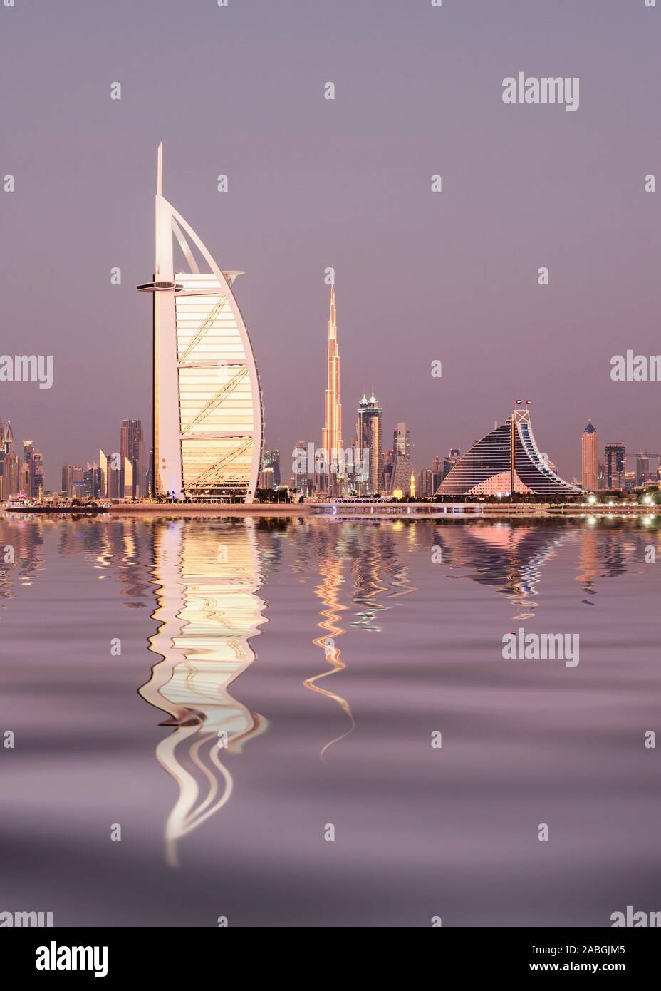 Skyline of Dubai with Burj al Arab Hotel and Burj Khalifa tower in distance in United Arab Emirates Stock Photo