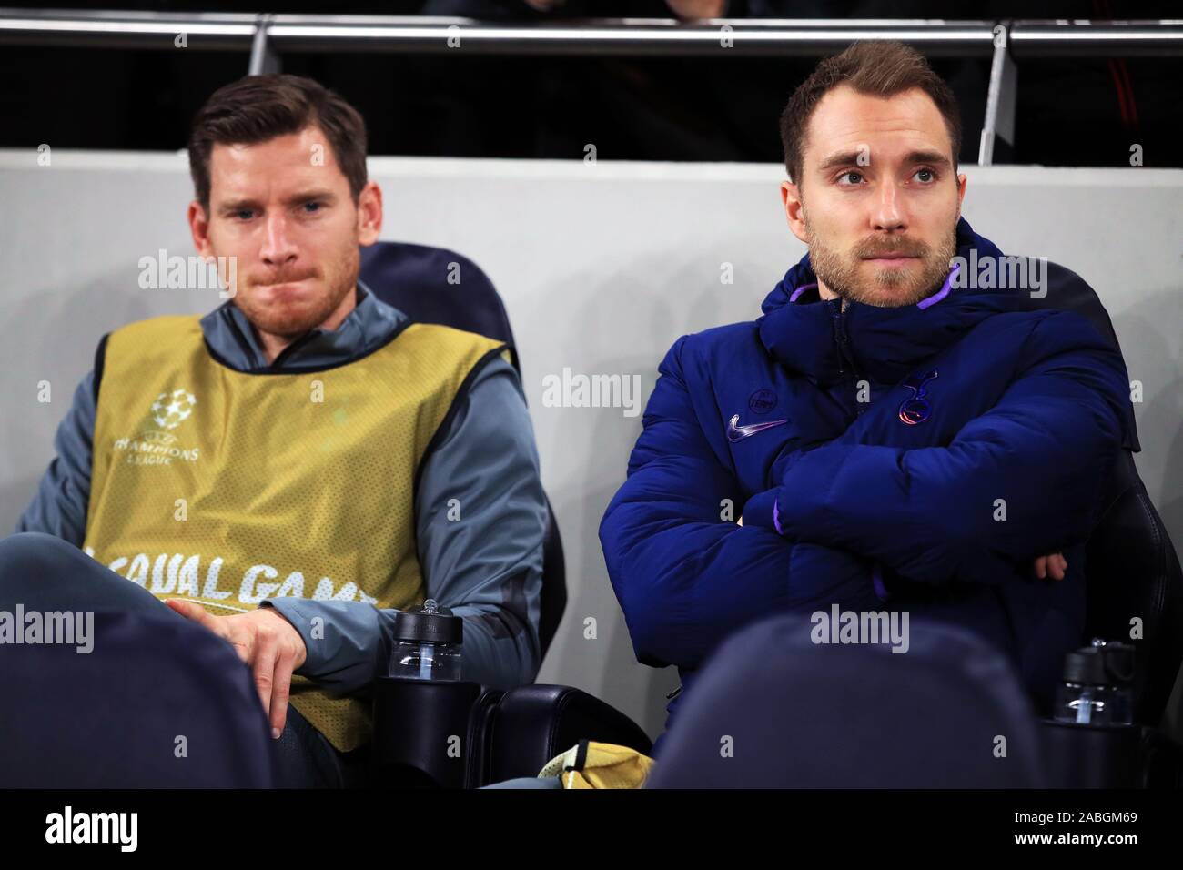 Tottenham Hotspur S Christian Eriksen Right And Jan Vertonghen On The Bench During The Uefa Champions League Group B Match At Tottenham Hotspur Stadium London Stock Photo Alamy