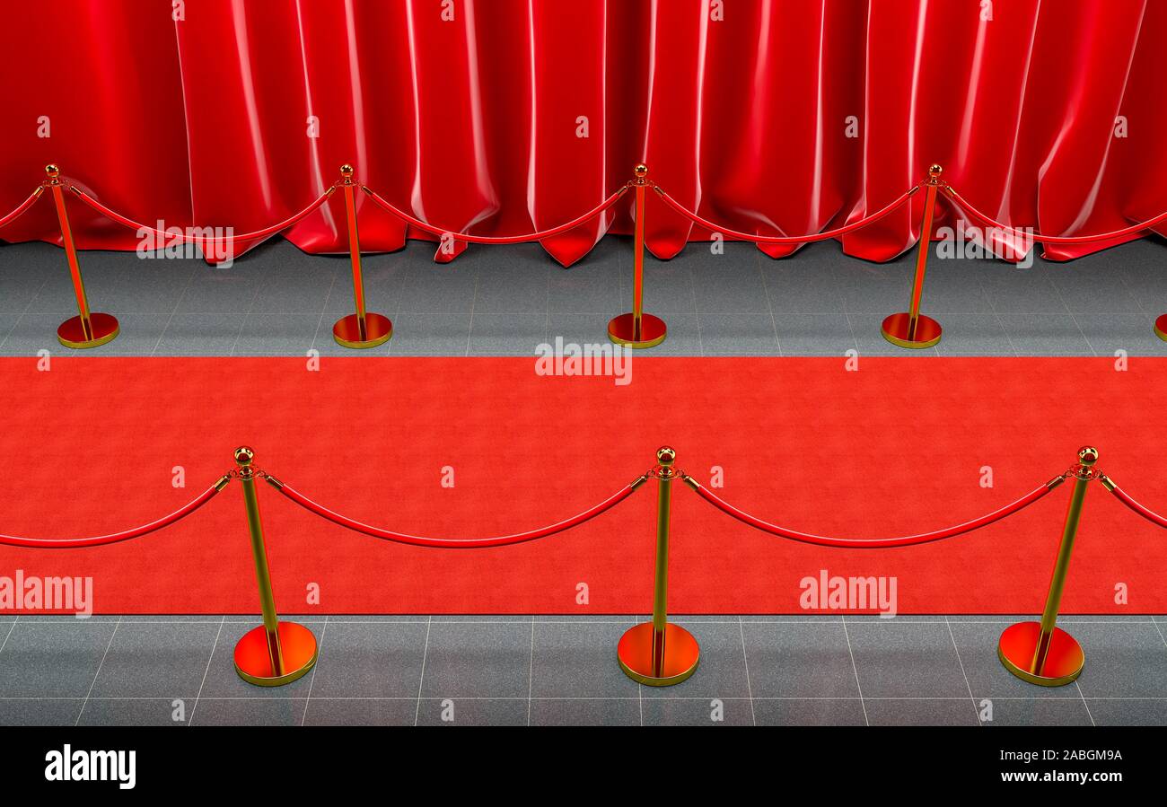 detail of a red carpet with curtains and gold barriers with velvet cord. 3d image render. concept of exclusivity. Stock Photo