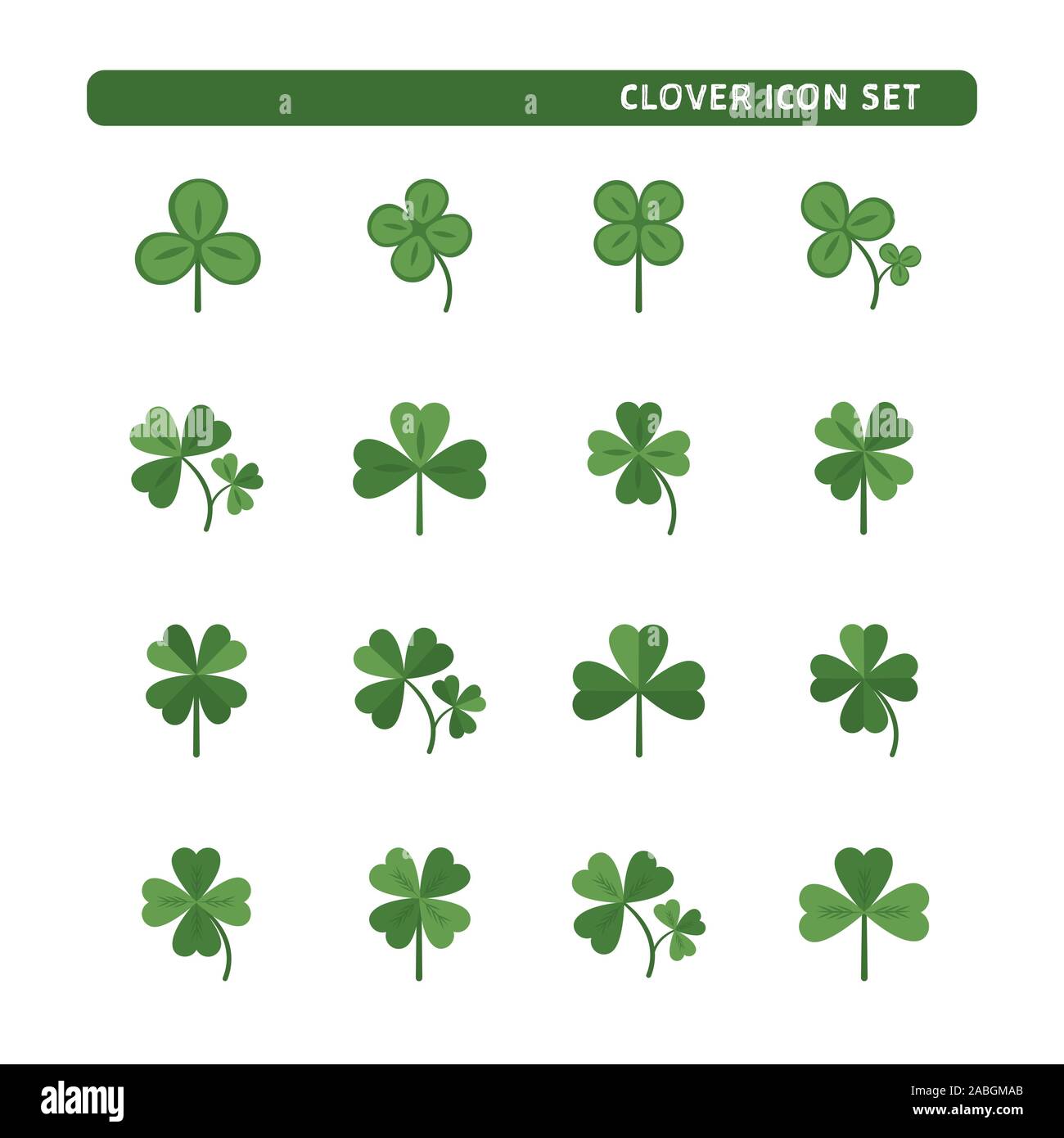 Sixteen luck clover vector set isolated on white background. Four and three leaf clover. Flat illustration Stock Vector
