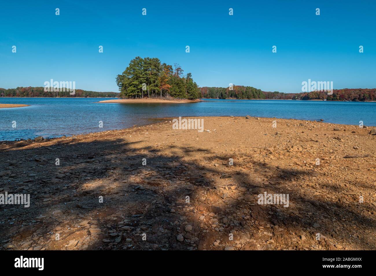 Erosion from drought conditions on the island and the lake shore at