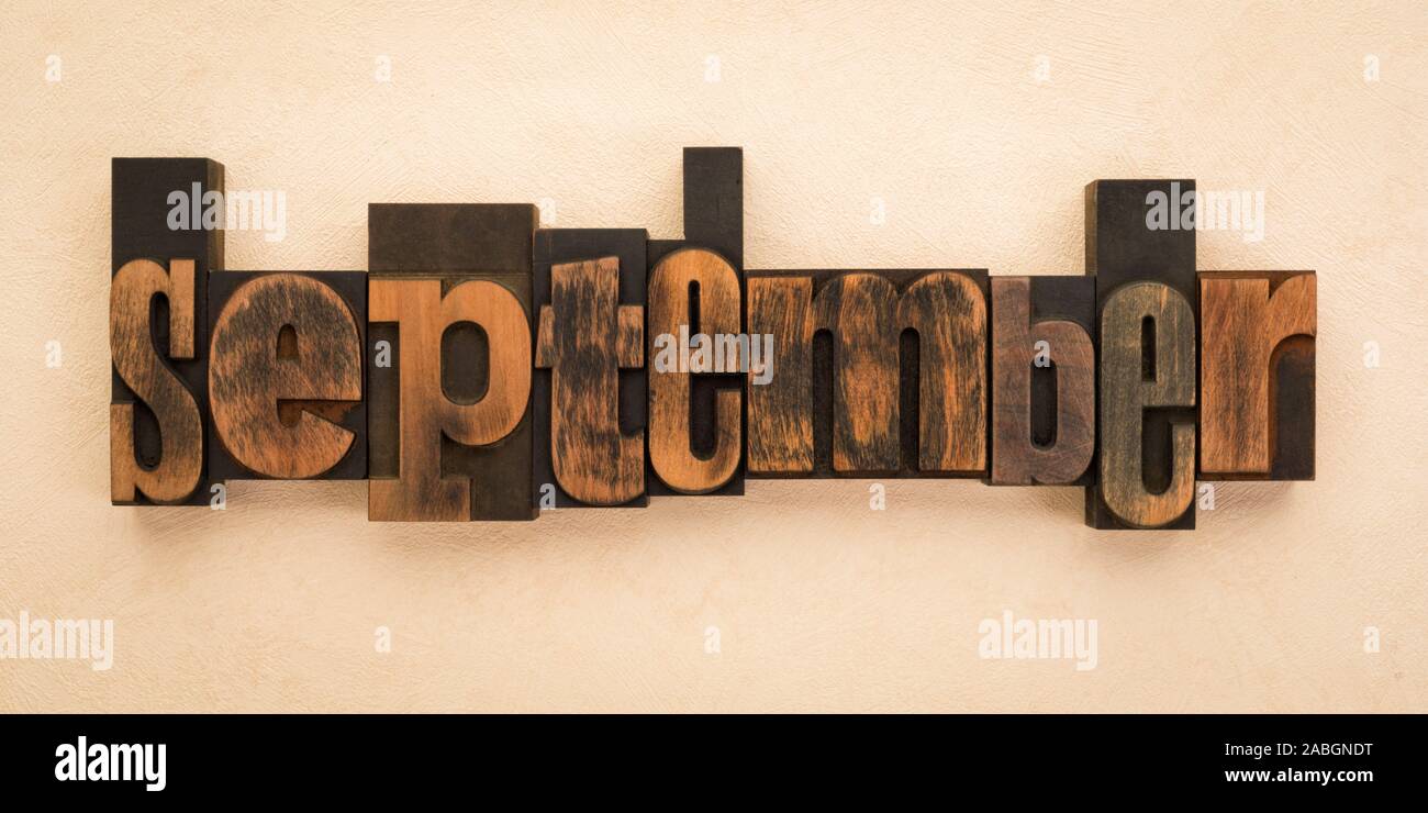 September, name of the month written with vintage letterpress printing blocks on textured background . Banner format. Stock Photo