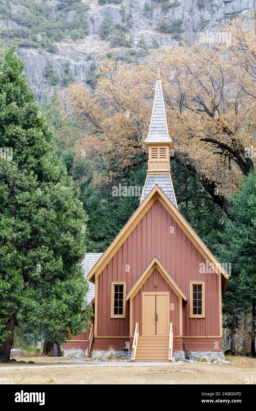 Yosemite Valley Chapel In Autumn Background Stock Photo Alamy
