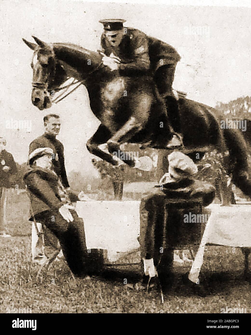 1948  vintage photograph - A British mounted policeman showing his horse skills at the Metropolitan Police Horse Show at Imber Court. Thames Ditton Stock Photo