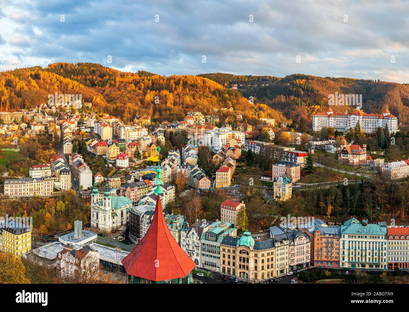 View to Karlovy Vary city from above at sunset Stock Photo