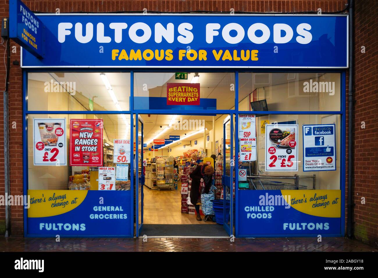 Fultons Foods grocers shop one of a chain competing against the supermarkets with a smaller range of products in the High Street Stock Photo
