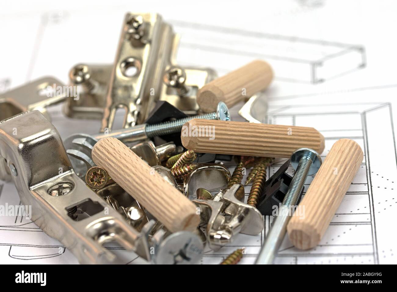 Various furniture fittings and assembly utensils in a closeup Stock