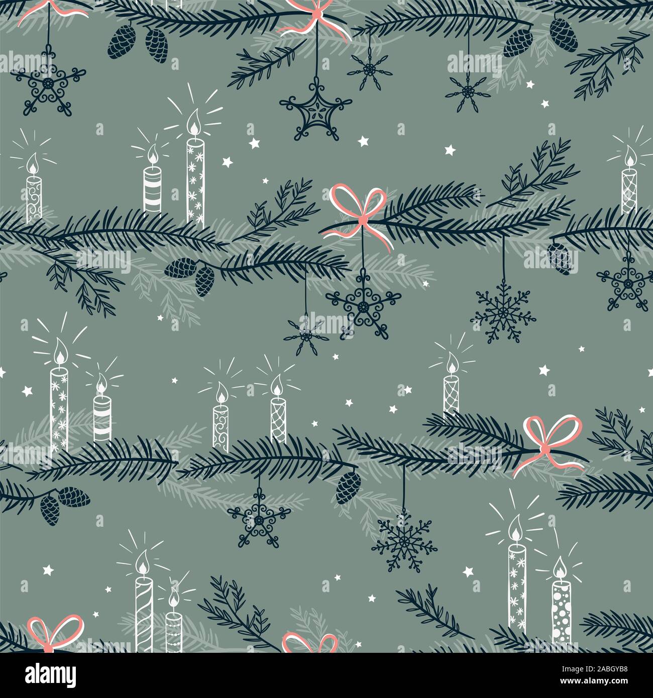 Cute hand drawn seamless pattern with candles, branches and christmas decoration - x mas background, great for textiles, banners, wallpapers - vector Stock Photo