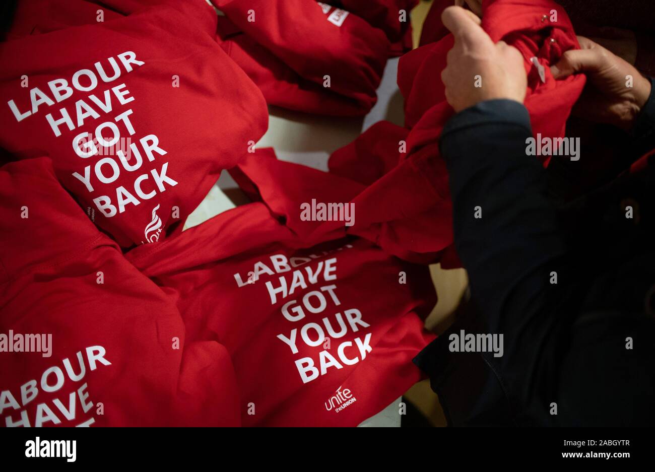 Labour Party hoodies are handed out ahead of a climate emergency rally at Princess Pavilions in Falmouth, Cornwall. Stock Photo