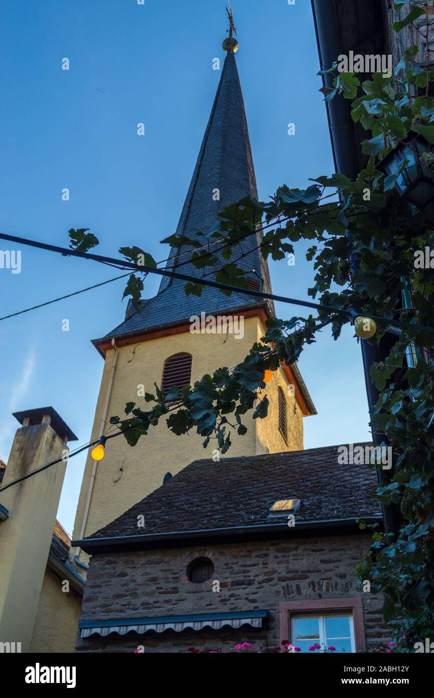 Church during street wine festival, strassenweinfest, Wolf, near Traben Trarbach, Mosel, Germany Stock Photo