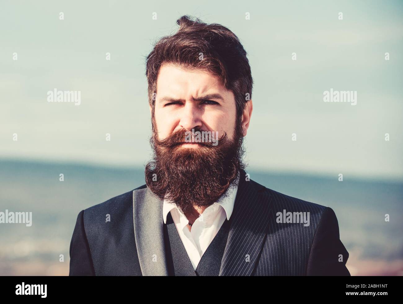 Man Bearded Hipster Wear Formal Suit Blue Sky Background Vintage