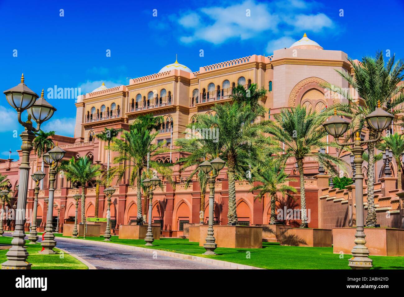 ABU DHABI, UNITED ARAB EMIRATES - FEB 13, 2019: Emirates Palace, luxury five star hotel in Abu Dhabi, United Arab Emirates operated by Kempinski since Stock Photo