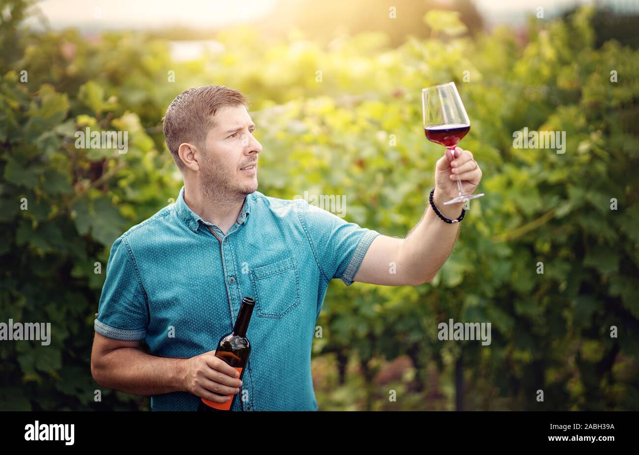 Portrait of handsome young man holding wineglass and wine bottle at vineyard. Winemaker enjoying wine tasting at sunset Stock Photo