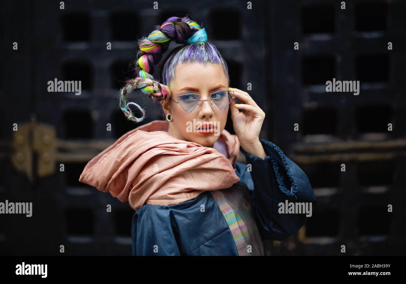 2020 Fashion Trends: Young woman portrait with futuristic look. Edgy girl portrait. Avantgarde Style Stock Photo