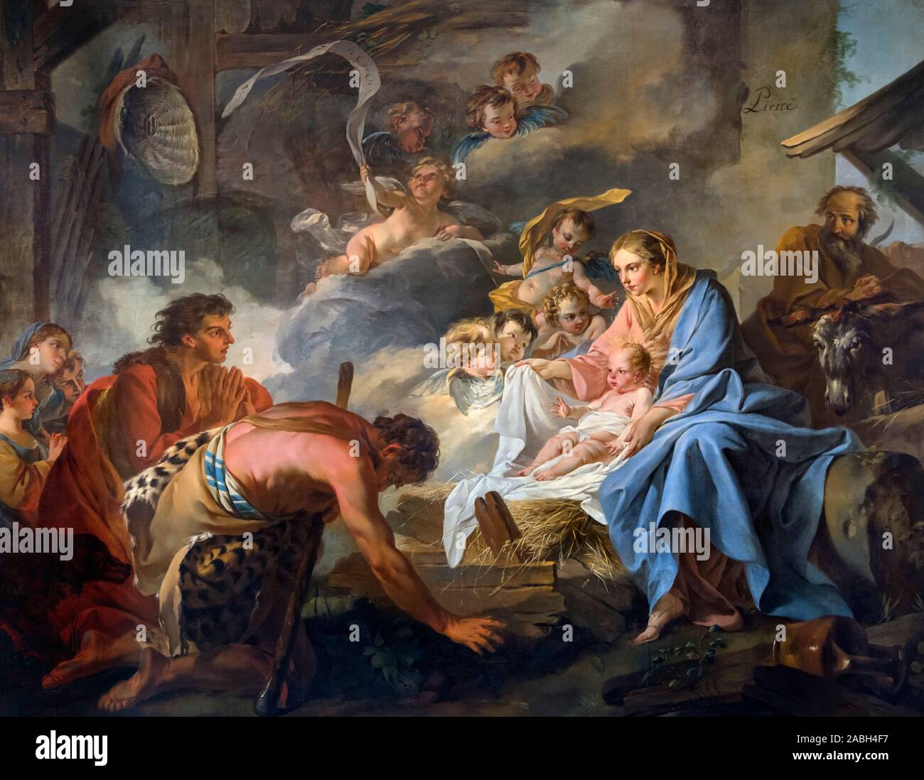 The Adoration of the Shepherds by Jean-Baptiste Marie Pierre (1714-1789), oil on canvas, 1745. Nativity scene. Stock Photo