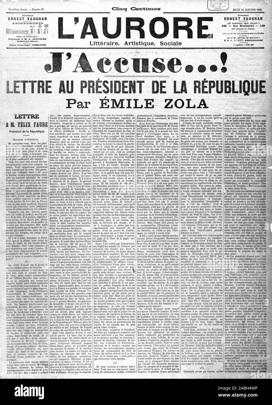 ÉMILE ZOLA (1840-1902) French writer. The famous J'Accuse article on the front page of L'Aurore 13 January 1898. Stock Photo
