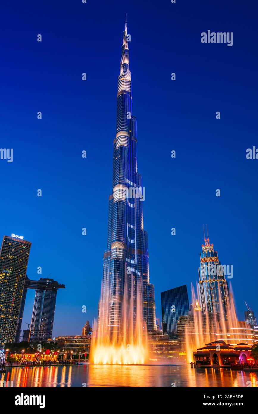 DUBAI, UNITED ARAB EMIRATES - FEB 8, 2019: Burj Khalifa or Khalifa Tower, the tallest building in the world, by night, Dubai, United Arab Emirates. Stock Photo
