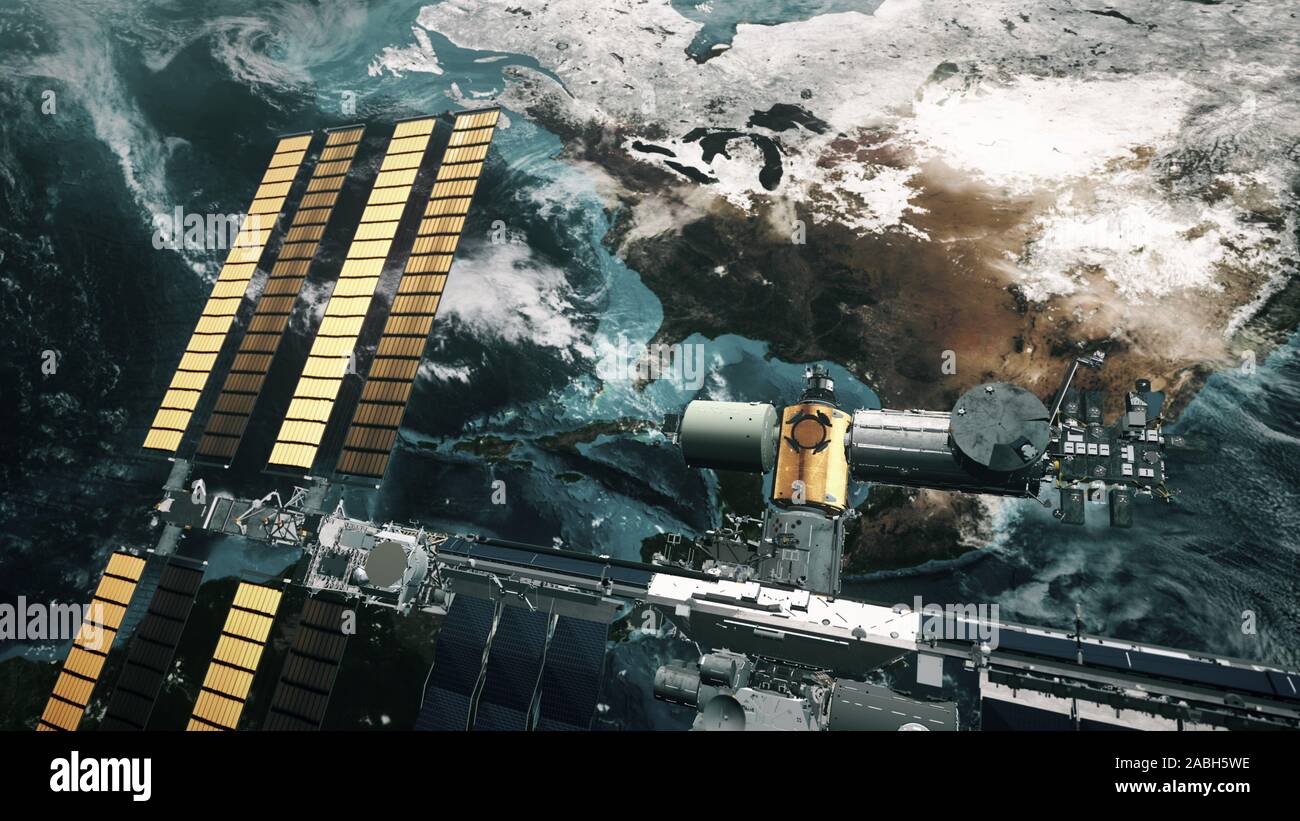 ISS with solar panel revolve over Earth atmosphere. International Space ...