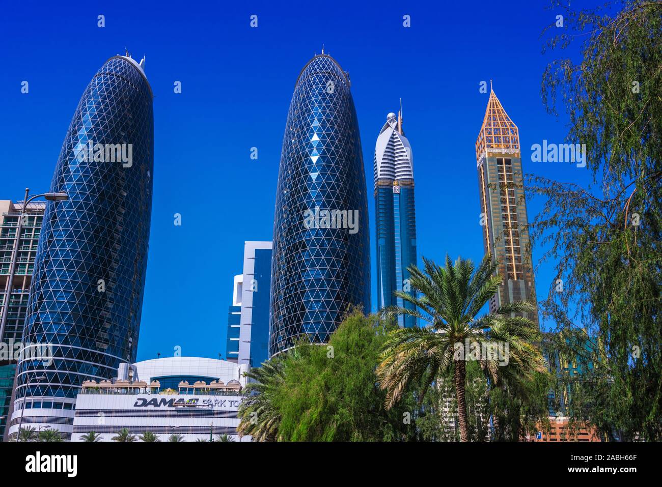 DUBAI, UNITED ARAB EMIRATES - FEB 6, 2019: Architecture od Trade Centre 2 or Dubai Financial Centre located in the western Dubai, along Sheikh Zayed R Stock Photo
