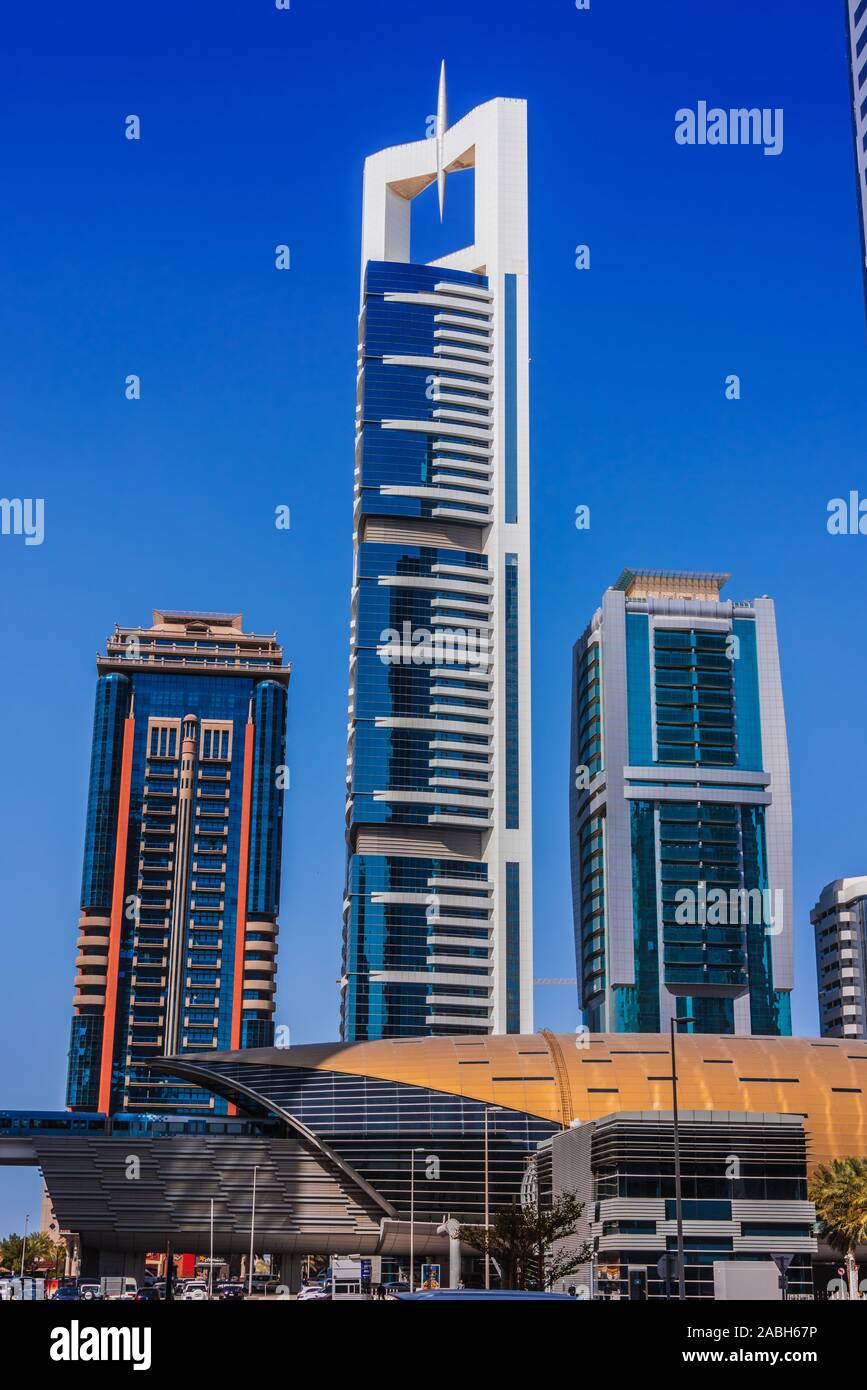 DUBAI, UNITED ARAB EMIRATES - FEB 6, 2019: Architecture od Trade Centre 2 or Dubai Financial Centre located in the western Dubai, along Sheikh Zayed R Stock Photo