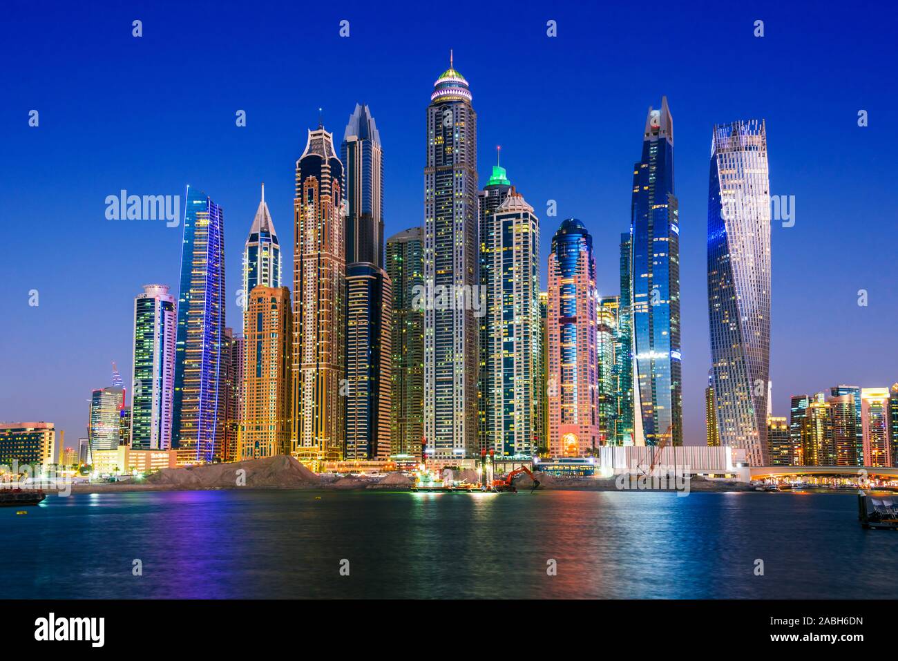 Modern residential architecture of Dubai Marina, United Arab Emirates. City skyline by night. Stock Photo