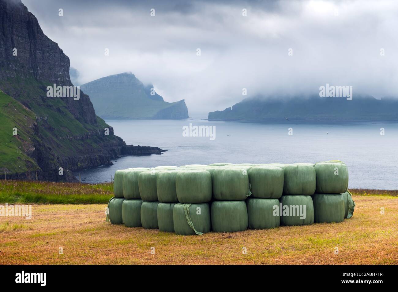 Rural scene with farm field and hay stacks on the Gasadalur village, Vagar island, Faroe Islands. Drangarnir and Tindholmur on background Stock Photo