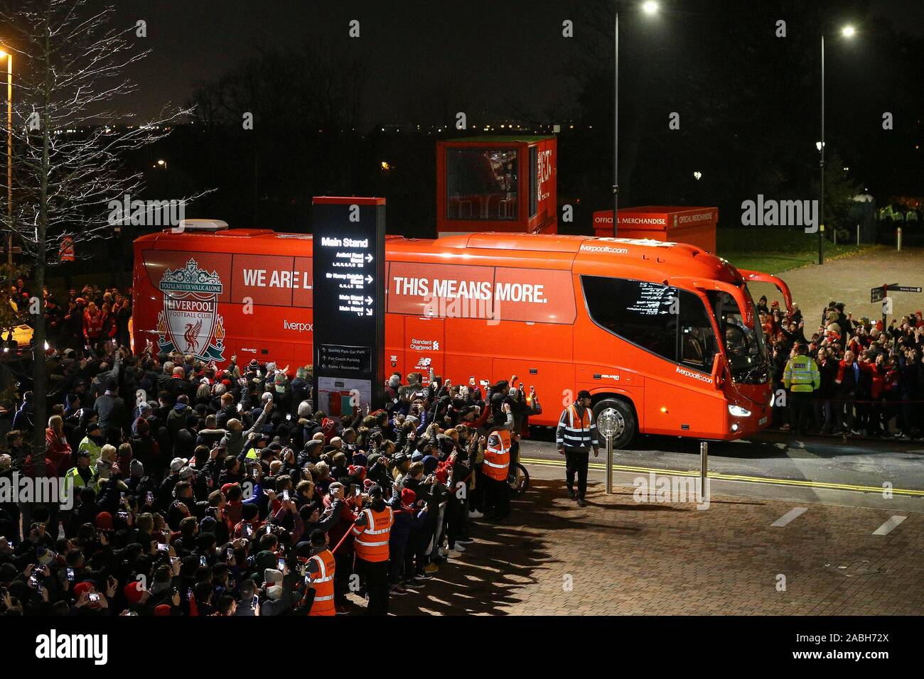 Liverpool, UK. 27th Nov, 2019. The Liverpool FC team bus arrives at the stadium ready for tonights game. UEFA Champions league group E match, Liverpool v Napoli at Anfield Stadium in Liverpool on Wed 27th November 2019. this image may only be used for Editorial purposes. Editorial use only, license required for commercial use. No use in betting, games or a single club/league/player publications. pic by Chris Stading/Andrew Orchard sports photography/Alamy Live news Credit: Andrew Orchard sports photography/Alamy Live News Stock Photo