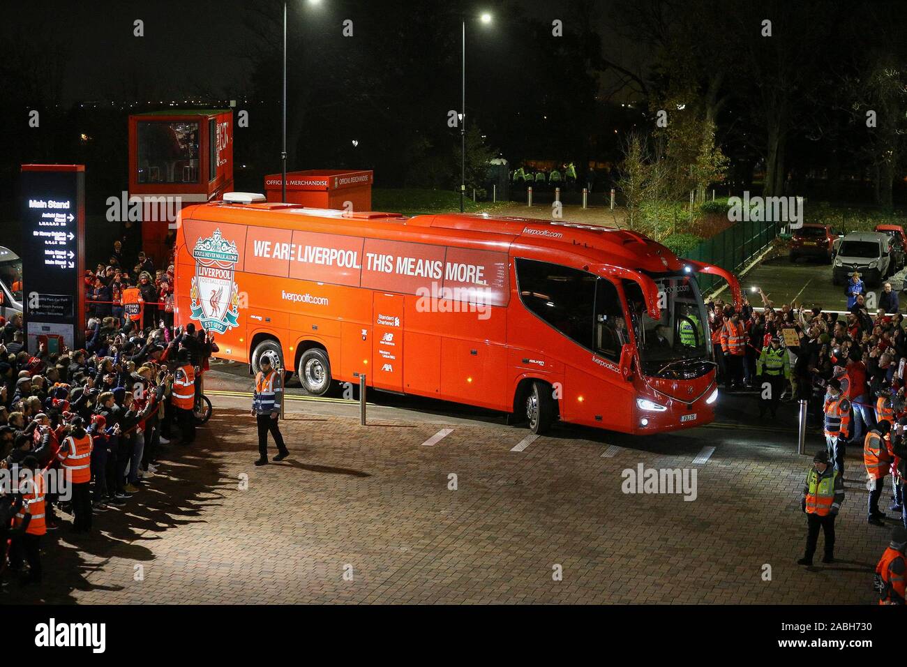 Liverpool, UK. 27th Nov, 2019. The Liverpool FC team bus arrives at the stadium ahead of tonights game. UEFA Champions league group E match, Liverpool v Napoli at Anfield Stadium in Liverpool on Wed 27th November 2019. this image may only be used for Editorial purposes. Editorial use only, license required for commercial use. No use in betting, games or a single club/league/player publications. pic by Chris Stading/Andrew Orchard sports photography/Alamy Live news Credit: Andrew Orchard sports photography/Alamy Live News Stock Photo