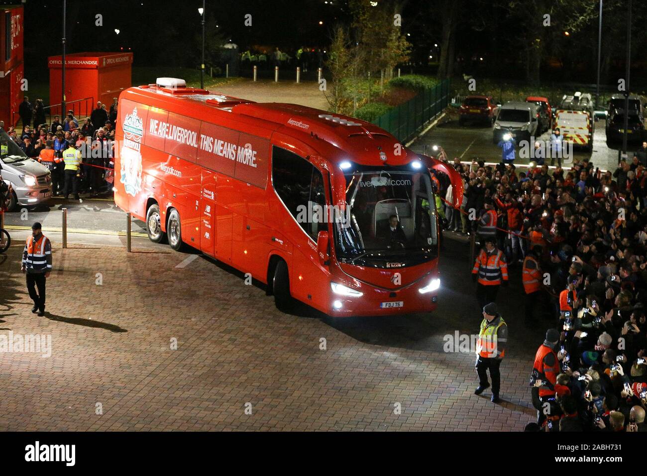 Liverpool, UK. 27th Nov, 2019. The Liverpool FC team bus arrives at the stadium before tonights game. UEFA Champions league group E match, Liverpool v Napoli at Anfield Stadium in Liverpool on Wed 27th November 2019. this image may only be used for Editorial purposes. Editorial use only, license required for commercial use. No use in betting, games or a single club/league/player publications. pic by Chris Stading/Andrew Orchard sports photography/Alamy Live news Credit: Andrew Orchard sports photography/Alamy Live News Stock Photo
