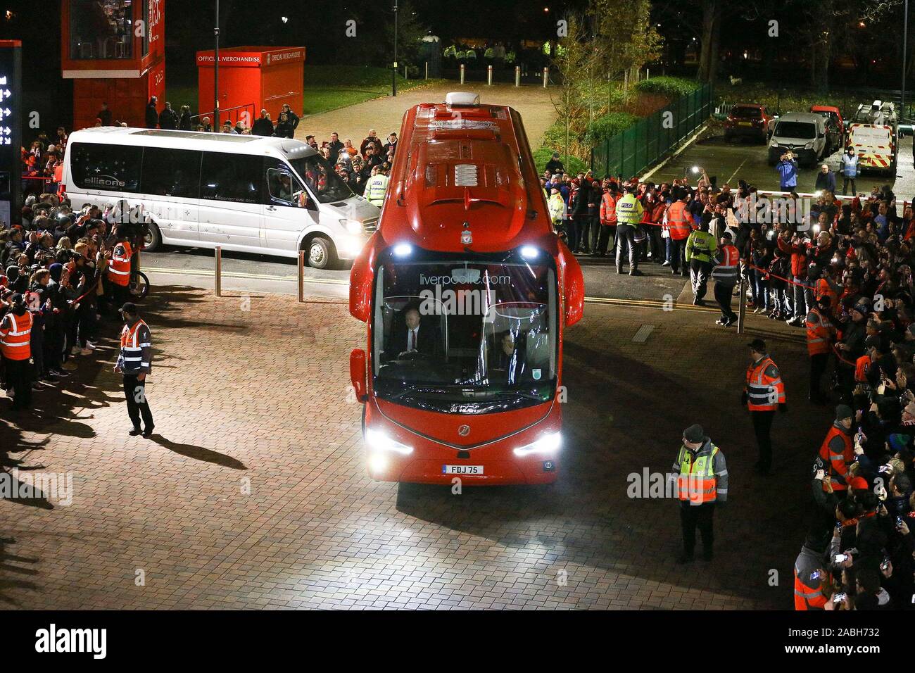 Liverpool, UK. 27th Nov, 2019. The Liverpool FC team bus arrives at the stadium ahead of tonights game. UEFA Champions league group E match, Liverpool v Napoli at Anfield Stadium in Liverpool on Wed 27th November 2019. this image may only be used for Editorial purposes. Editorial use only, license required for commercial use. No use in betting, games or a single club/league/player publications. pic by Chris Stading/Andrew Orchard sports photography/Alamy Live news Credit: Andrew Orchard sports photography/Alamy Live News Stock Photo