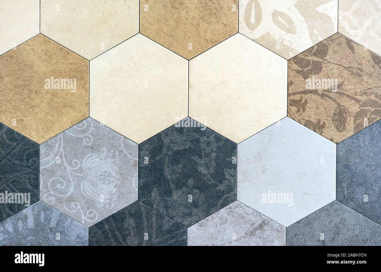 Color ceramic tiles in the form of honeycombs. Hexagonal floor tiles. Stock Photo