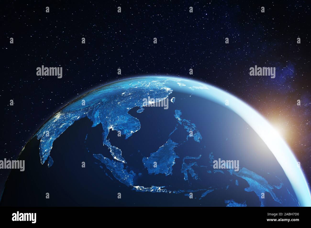 Southeast Asia from space at night with city lights showing South East Asian cities in Thailand, Vietnam, Malaysia, Singapore and Indonesia, 3d render Stock Photo